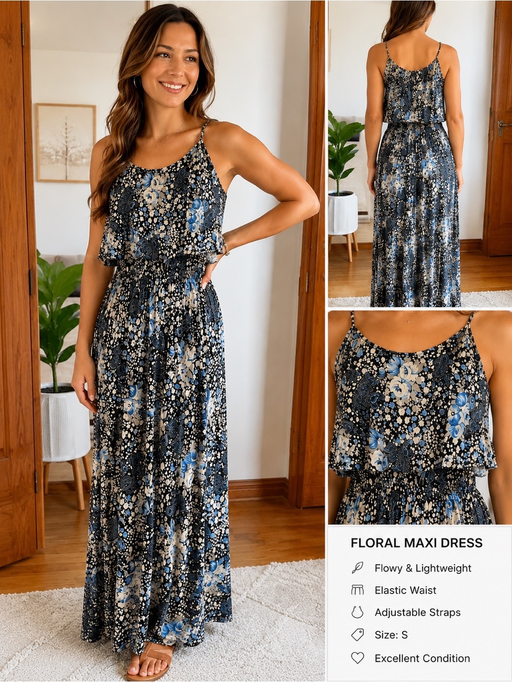 Blue Floral Maxi Dress NWOT with Smocked Waist and Ruffle Overlay - Women's Maxi